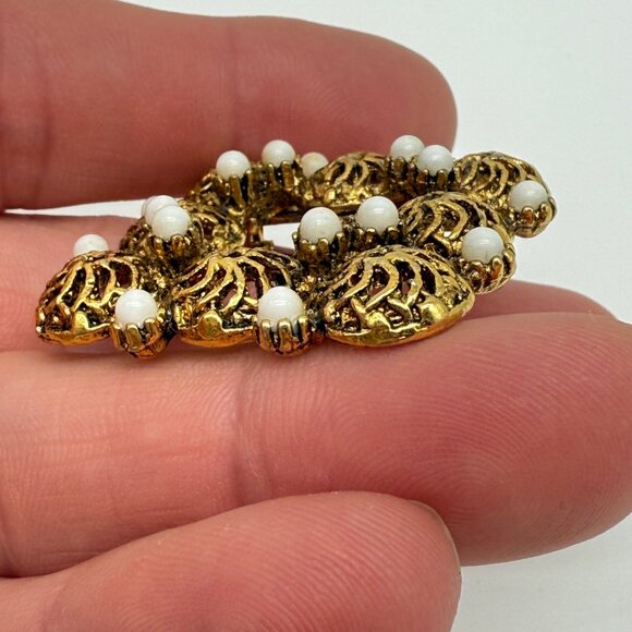 Vintage Square Gold Tone Filigree Brooch Pin Faux Mini Pearls - Picture 8 of 10